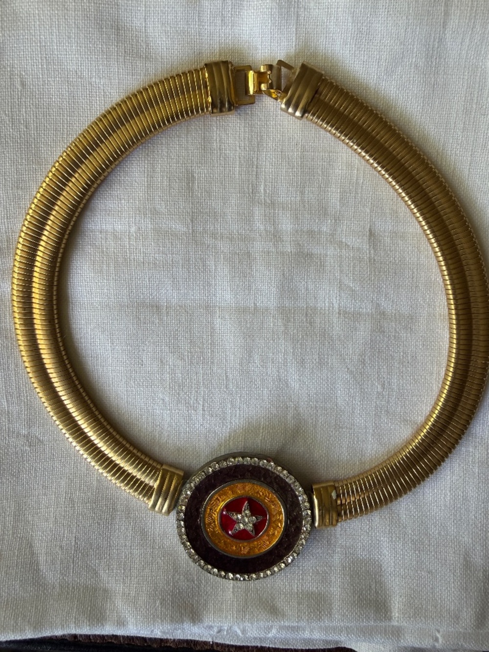 Gold tone Snake Chain Collar Necklace with enamel pendant
